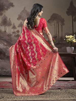 Women's Red Soft Lichi Silk Jacquard Traditional Saree with Blouse 4