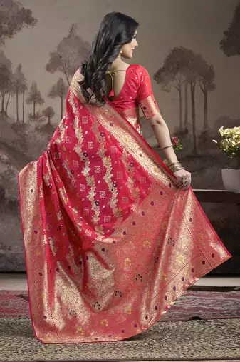 Women's Red Soft Lichi Silk Jacquard Traditional Saree with Blouse