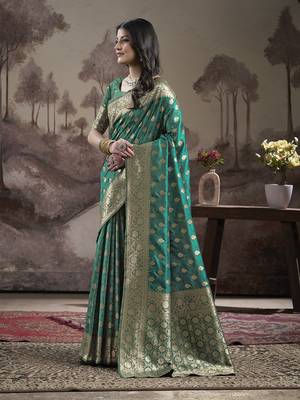 Women's Green Soft Lichi Silk Jacquard Traditional Saree with Blouse 2