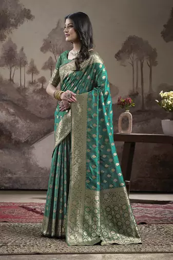 Women's Green Soft Lichi Silk Jacquard Traditional Saree with Blouse