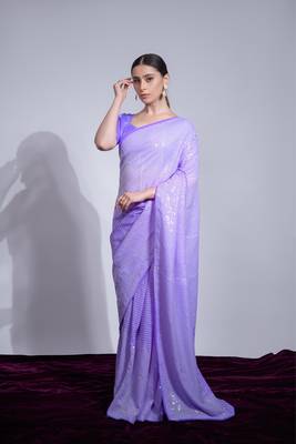 Women's Violet Georgette Sequins Embroidered Designer Saree with Blouse 1
