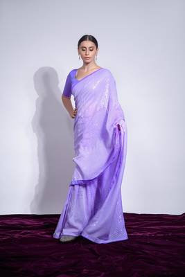 Women's Violet Georgette Sequins Embroidered Designer Saree with Blouse 2