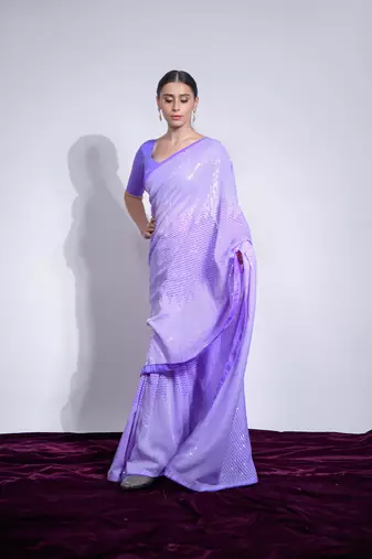 Women's Violet Georgette Sequins Embroidered Designer Saree with Blouse