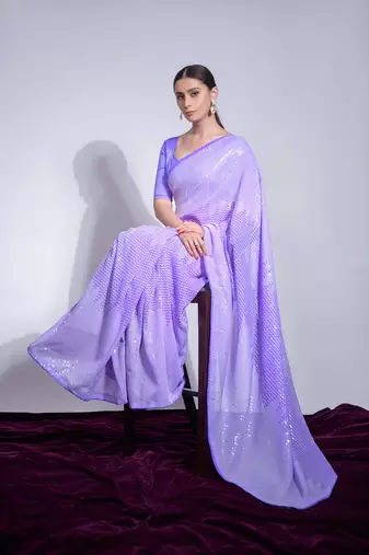 Women's Violet Georgette Sequins Embroidered Designer Saree with Blouse