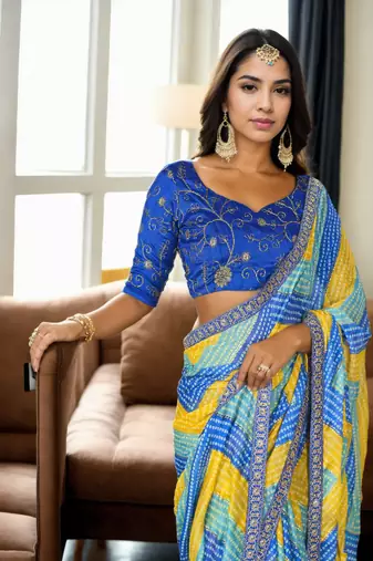 Women's Multicolor Chinon Bandhani Print with Embroidered Saree with Blouse
