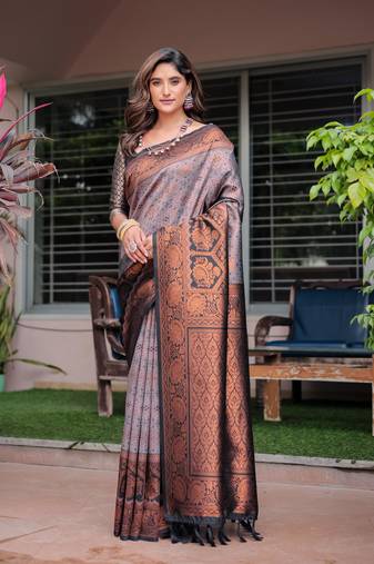 Women's Grey Faux Banarasi Silk Zari Woven Traditional Saree with Blouse