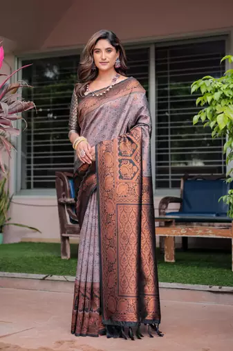 Women's Grey Faux Banarasi Silk Zari Woven Traditional Saree with Blouse