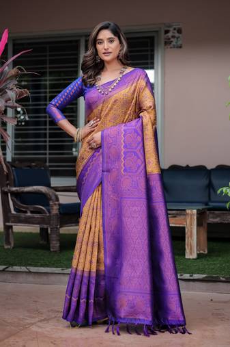 Women's Yellow Faux Banarasi Silk Zari Woven Traditional Saree with Blouse