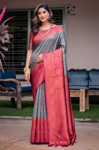 Women's Turquoise Faux Banarasi Silk Zari Woven Traditional Saree with Blouse