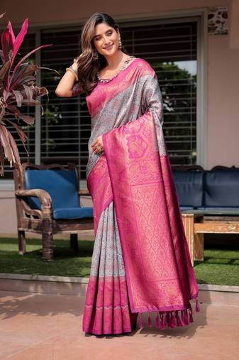 Women's Sky Blue Faux Banarasi Silk Zari Woven Traditional Saree with Blouse