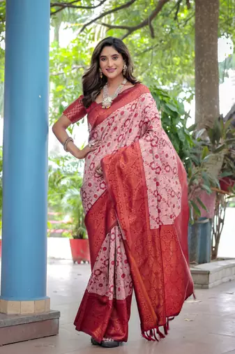 Women's Peach Faux Banarasi Silk Zari Woven Traditional Saree with Blouse