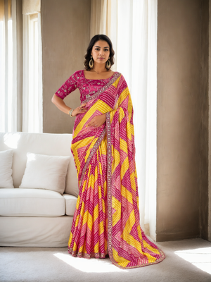 Women's Multicolor Chinon Bandhani Print with Embroidered Saree with Blouse 1
