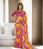 Women's Multicolor Chinon Bandhani Print with Embroidered Saree with Blouse