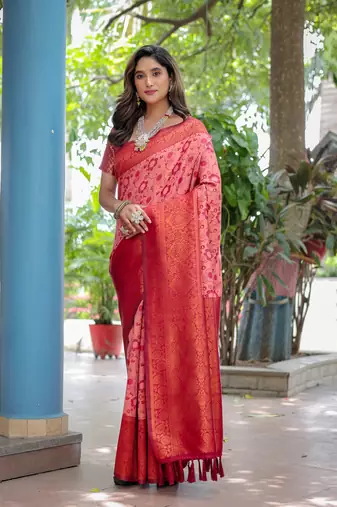 Women's Peach Faux Banarasi Silk Zari Woven Traditional Saree with Blouse