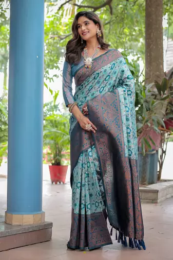 Women's Turquoise Faux Banarasi Silk Zari Woven Traditional Saree with Blouse