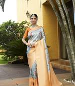 Grey trendy crepe saree with woven zari patta and designer print work