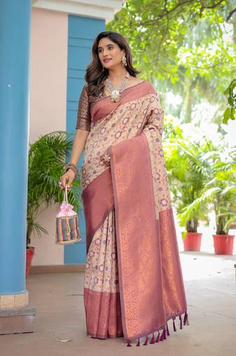 Women's Cream Faux Banarasi Silk Zari Woven Traditional Saree with Blouse