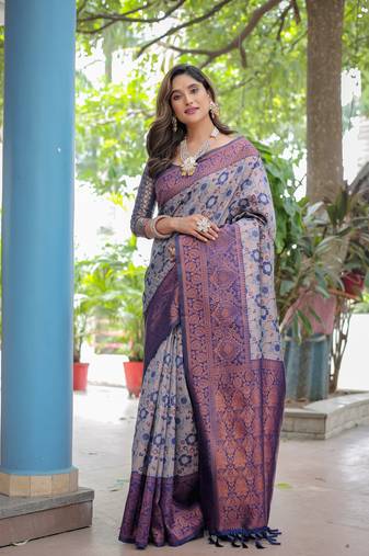 Women's Grey Faux Banarasi Silk Zari Woven Traditional Saree with Blouse