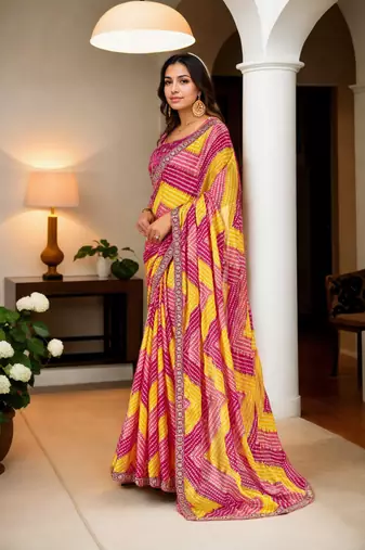 Women's Multicolor Chinon Bandhani Print with Embroidered Saree with Blouse