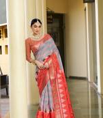 Purple trendy crepe saree with woven zari patta and designer print work