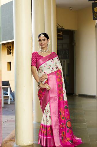 Cream trendy crepe saree with woven zari patta and designer print work