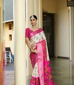 Cream trendy crepe saree with woven zari patta and designer print work