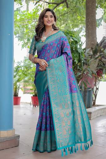 Women's Blue Faux Banarasi Silk Zari Woven Traditional Saree with Blouse