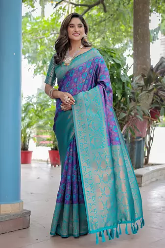 Women's Blue Faux Banarasi Silk Zari Woven Traditional Saree with Blouse
