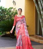 White trendy crepe saree with woven zari patta and designer print work