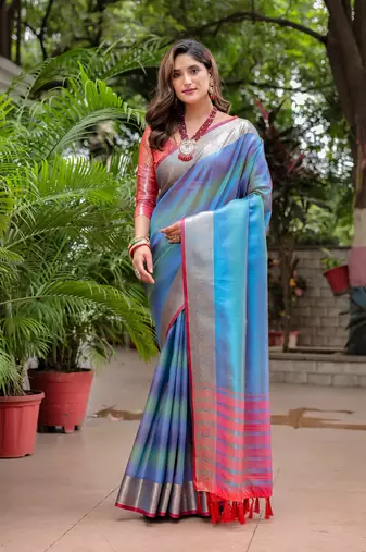 Women's Blue Faux Banarasi Silk Zari Woven Traditional Saree with Blouse