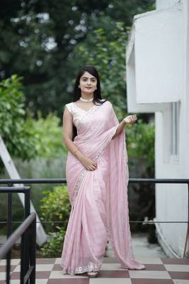 Pink chiffon c sequins embroidery work partywear saree 1