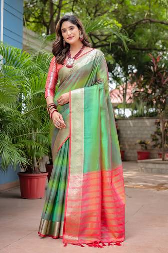 Women's Green Faux Banarasi Silk Zari Woven Traditional Saree with Blouse
