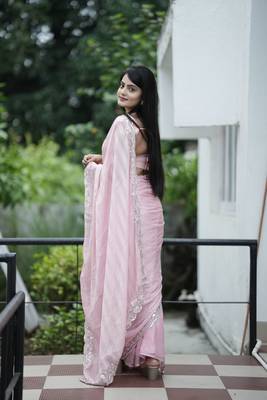 Pink chiffon c sequins embroidery work partywear saree 2