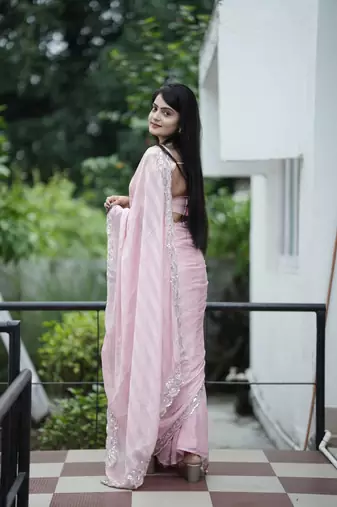 Pink chiffon c sequins embroidery work partywear saree