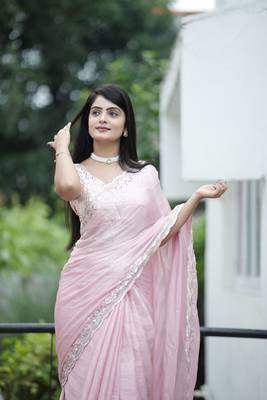 Pink chiffon c sequins embroidery work partywear saree 3