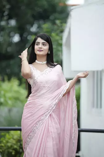 Pink chiffon c sequins embroidery work partywear saree