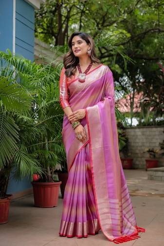 Women's Purple Faux Banarasi Silk Zari Woven Traditional Saree with Blouse