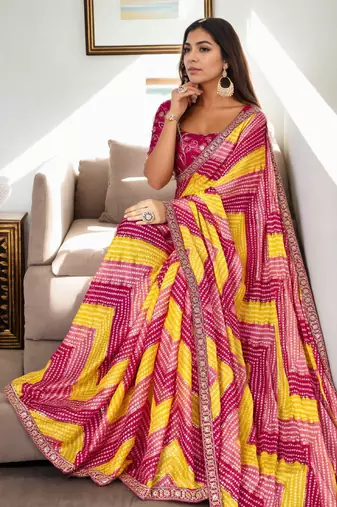 Women's Multicolor Chinon Bandhani Print with Embroidered Saree with Blouse