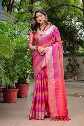 Women's Pink Faux Banarasi Silk Zari Woven Traditional Saree with Blouse