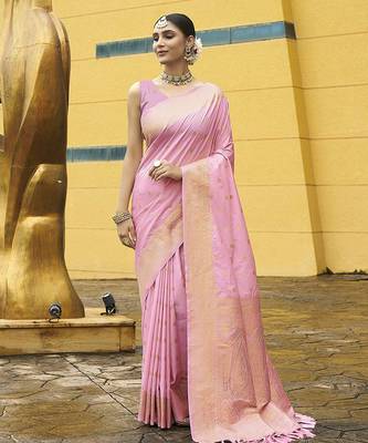 Pink nylon banarasi wevon jacquard ethnic indian traditional look saree 1
