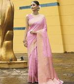 Pink nylon banarasi wevon jacquard designer ethnic indian traditional look saree