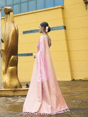 Pink nylon banarasi wevon jacquard ethnic indian traditional look saree 2