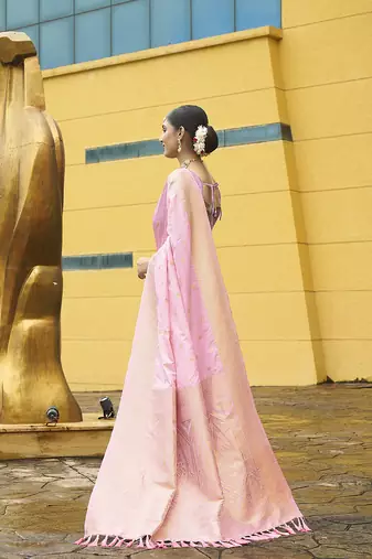 Pink nylon faux banarasi wevon jacquard ethnic indian traditional look saree