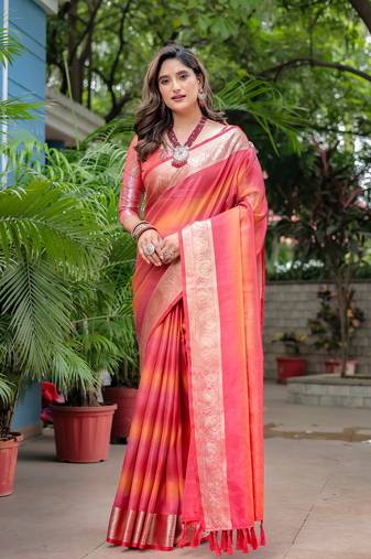 Women's Orange Faux Banarasi Silk Zari Woven Traditional Saree with Blouse