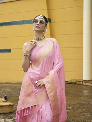 Pink nylon banarasi wevon jacquard ethnic indian traditional look saree 3
