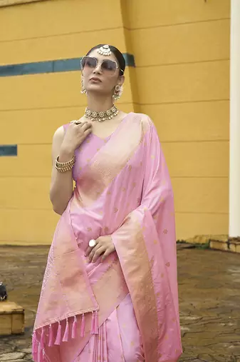 Pink nylon faux banarasi wevon jacquard ethnic indian traditional look saree