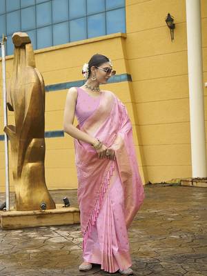 Pink nylon banarasi wevon jacquard ethnic indian traditional look saree 4