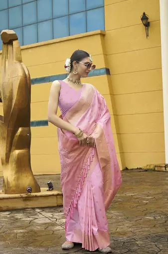 Pink nylon faux banarasi wevon jacquard ethnic indian traditional look saree