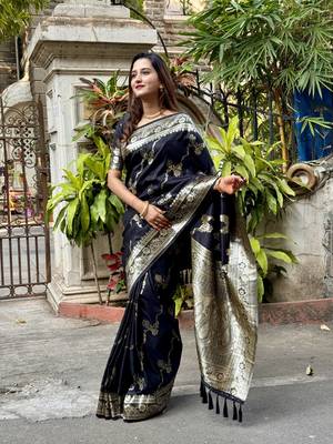 Black wevon jacquard zari faux banarasi silk blend festive ceremonial saree 1