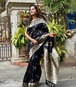 Black wevon jacquard jari banarasi silk blend festive ceremonial saree